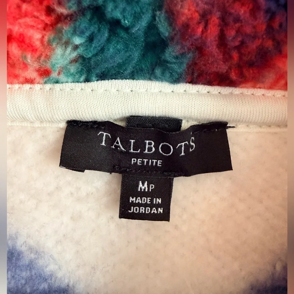 Talbots Ultra Plush Sherpa Fleece Top Zip Blue Green Plaid Women’s Med Petite